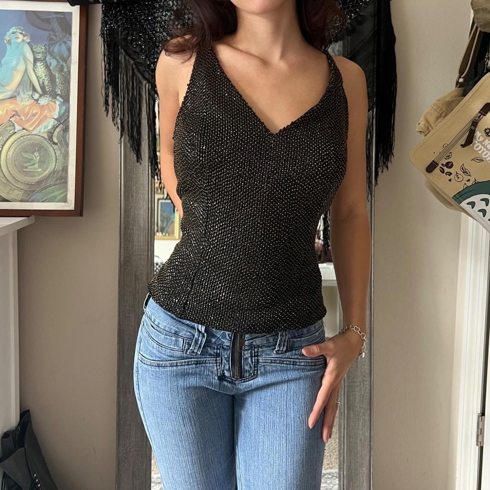 2000s Scala Black Beaded Tank Top Size Large